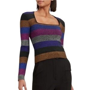 Ronny Kobo Top Women Small Blue Black Striped Metallic Knit Square Neck Retro